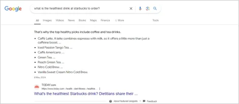 Google featured snippet listing the healthiest Starbucks drinks, including Caffè Latte and Green Tea.