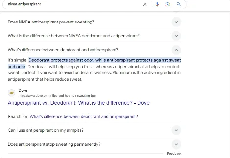 Featured snippet explaining the difference between deodorant and antiperspirant, highlighting Nivea’s product.