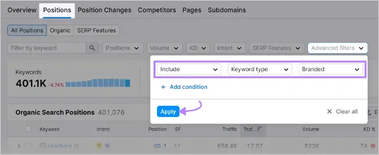 Filtering organic search positions by branded keywords in an SEO tool with the "Apply" button highlighted.