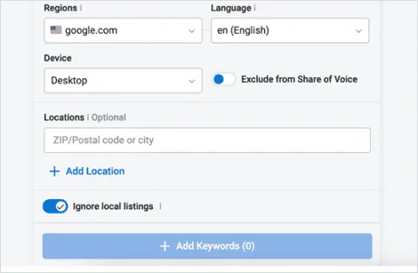 Screenshot of how to set up your local rank tracking parameters 