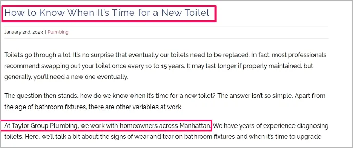 Screenshot of a blog post by The Taylor Group mentioning their plumbing services in Manhattan to highlight localized content for SEO.