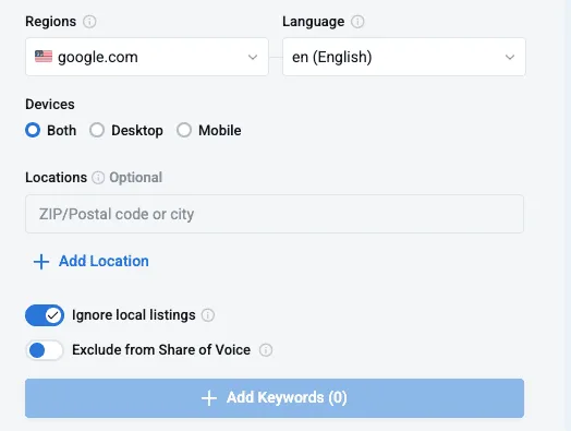 Screenshot displaying how to specify location, device, and language for more detailed keyword tracking on Keyword.com, with an option to turn off 