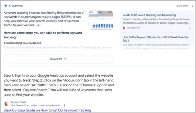 Google AI Overview card explaining keyword tracking steps, with Keyword.com listed in the results.