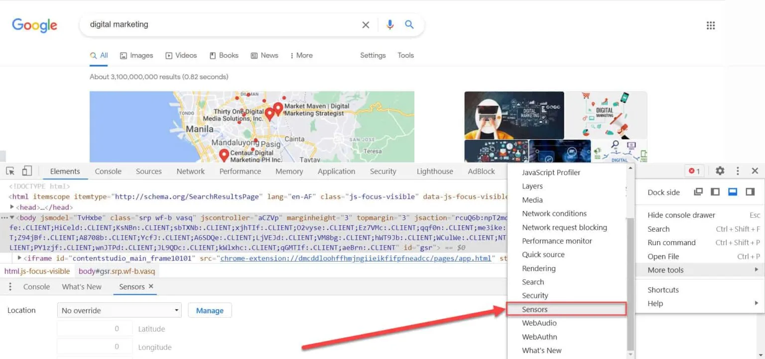 google chrome more tools sensor