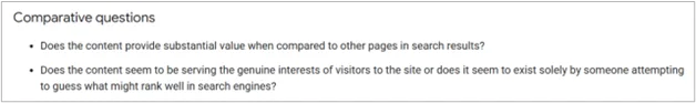 Comparative questions from Google to assess whether content provides unique value over other pages