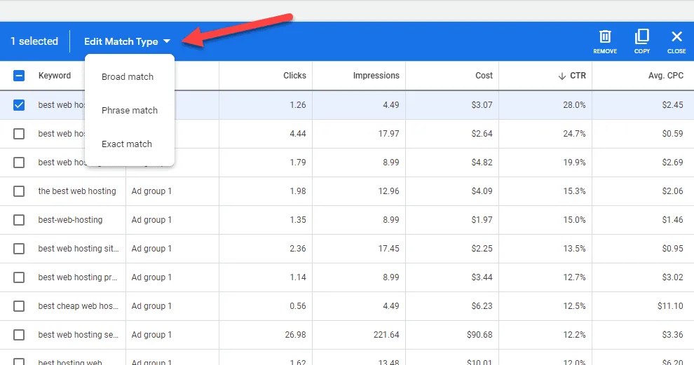 google keyword planner match type