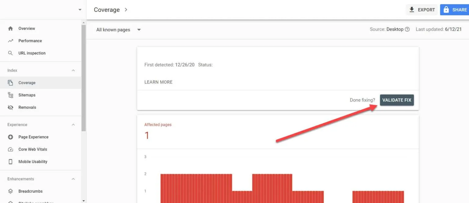search console validate fix button