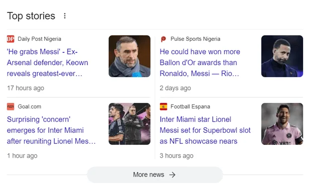 Top stories carousel in Google SERP featuring recent football-related news headlines