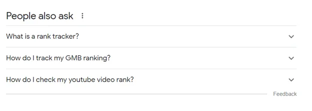 People Also Ask panel showing related questions about rank trackers and GMB rankings