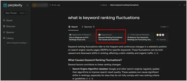 Screenshot of Perplexity AI listing Keyword.com for keyword ranking fluctuations, showcasing LLM source visibility.